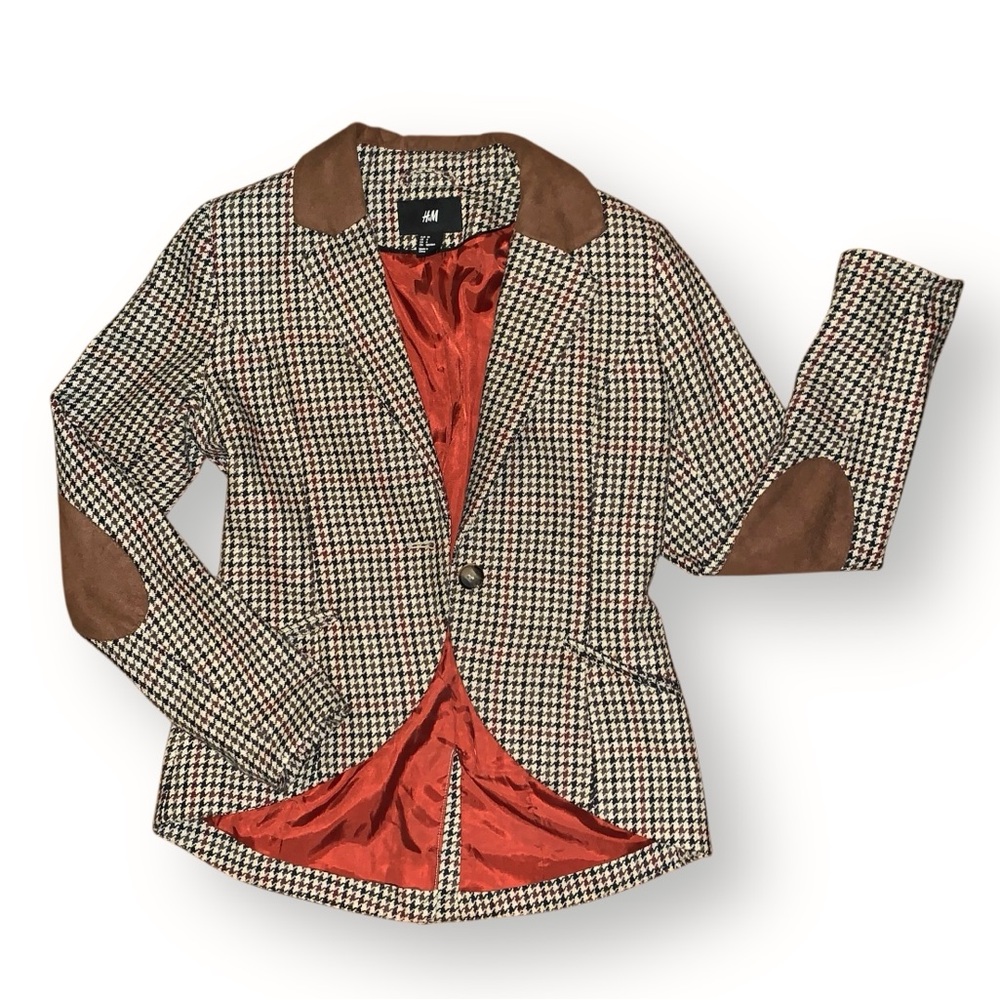 Equestrian Houndstooth Elbow Patch Wool Blazer - image 7